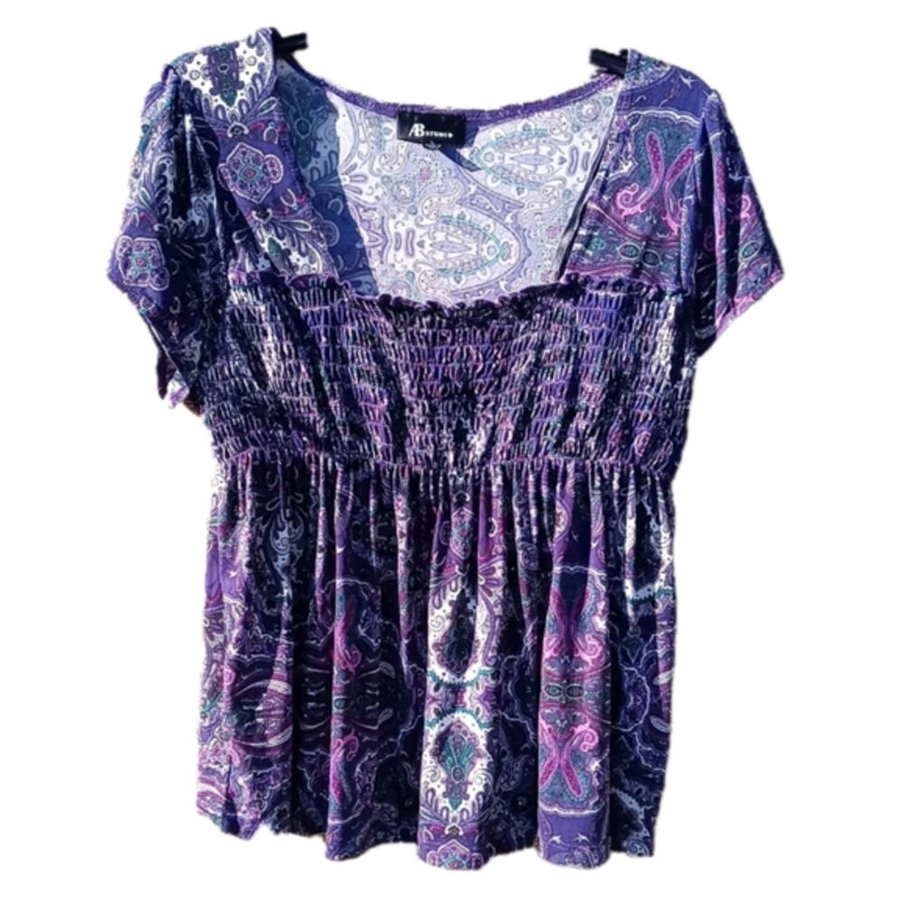 AB Studio Purple White Pink Smocked Blouse Short Sleeve